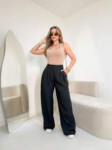 Louis Marrant Women's Wide Leg Pants With One Button, Open Zipper And Side Pockets - màu đen - Xem 4