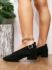 女士纯黑色低跟鞋，尖头粗跟带扣平底鞋，百搭休闲户外黑色鞋 - 黑色 - 查看 4