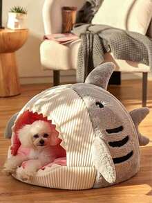 1 chiếc giường hang cho mèo hình cá mập có đệm dày, mềm mại và ấm áp, đáy chống trượt cho mèo trong nhà, gối mềm có thể tháo rời và giặt được, lều cho mèo, túi ngủ cho mèo, giường cho chó nhỏ - Xám - Xem 3