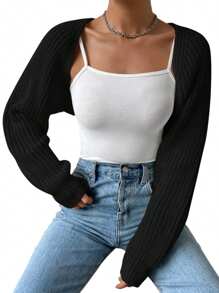Women's Open Front Cropped Cardigan Long Sleeve Solid Color Ribbed Knit Shrug Sweater Bolero Tops - Black - View 6