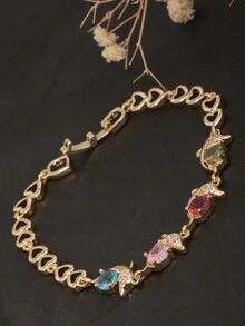 1 件开口锆石水晶紫蓝红绿空心心形串珠手链，连接海洋和海豚装饰设计，适合女性日常佩戴 - 金色 - 查看 3