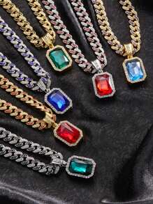 3pcs/Set Men's Necklace Set Including Alloy Inlaid Blue/Red/Green Gem Chain, Snake Chain Necklace, Choker Chain, Rapper Jewelry Gift With Card And Gift Box - Jewelry Set - View 11