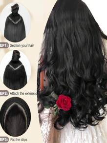Tóc nối kẹp dài 16-28 inch, thẳng/gợn sóng/hình chữ V, màu đen nâu, liền khối, kèm 4 kẹp, dành cho nữ. - Màu đen tự nhiên - Xem 5