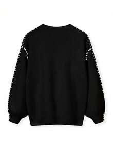 EAVA Autumn/Winter Solid-Color Soft Oversized Drop-Shoulder Crewneck Pullover With Hand-Stitched Hem,Valentine's Day,Valentine Outfits For Women,Valentine Clothes - Black - View 3