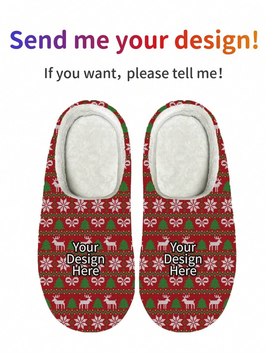 Christmas Merry Closed Toe Warm House Slippers For Men, Personalized Pattern Customized Logo, Non-Slip, Best Gift - Red - View 1