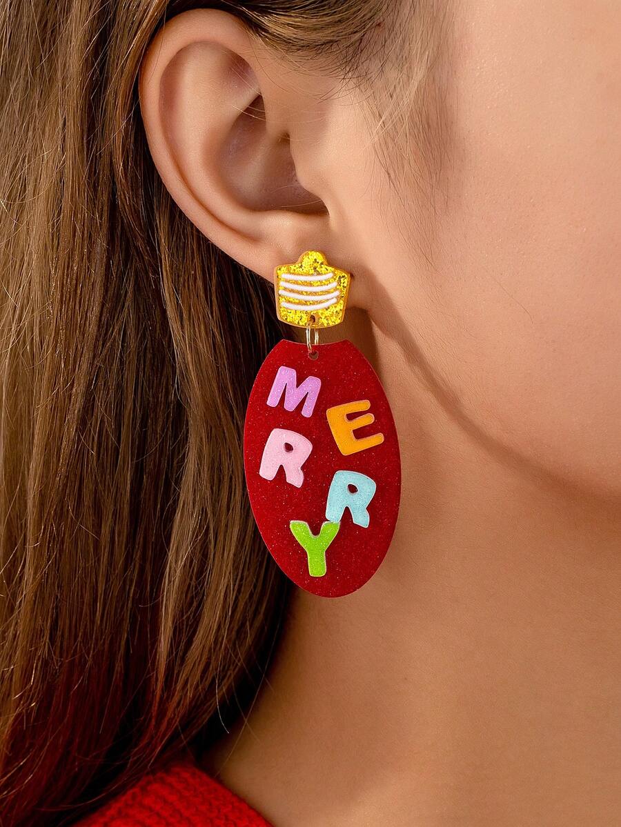1 cặp bông tai thời trang Giáng sinh với lá vàng, thiết kế chữ nhiều màu sắc và bóng đèn, thích hợp làm quà tặng Giáng sinh cho phụ nữ - đèn giáng sinh - Xem 1