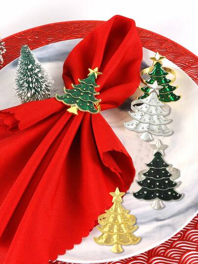 2/4/6 pezzi Anelli portatovaglioli natalizi a forma di albero di Natale, decorazioni per la tavola del pranzo di Natale