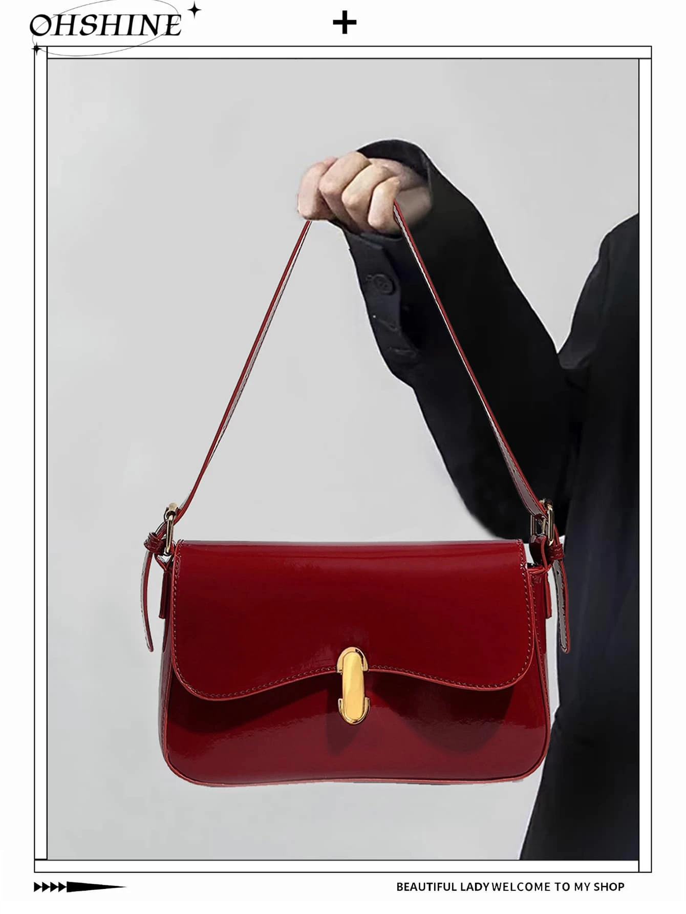 经典复古锁扣小方包、单肩包、腋下包、法棍包、复古真皮锁扣小方包、腋下包、时尚手提包、适合所有女性的圣诞礼物包、2 条可调节肩带 - 紅色 - 查看 1