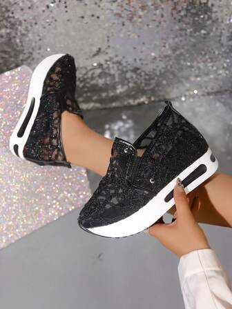 New Fashion Women's Gold Lace Mesh Breathable Platform Spring/Autumn Casual Sport Shoes
