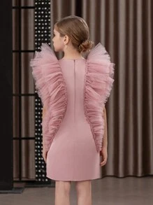 Young Girl Tulle Cap Sleeve Party Dress, Elegant Princess Dress Suitable For Girls As Flower Girl Dress, Birthday Gift, Wedding, Banquet, Prom, Flower Girl Wedding Attire, Holiday Celebration Dress - Dusty Pink - View 3