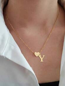 1 chiếc vòng cổ chữ cái A-Z dành cho nữ, mặt dây chuyền chữ cái hình trái tim bằng thép không gỉ, quà tặng ngày lễ - Vàng - Xem 41