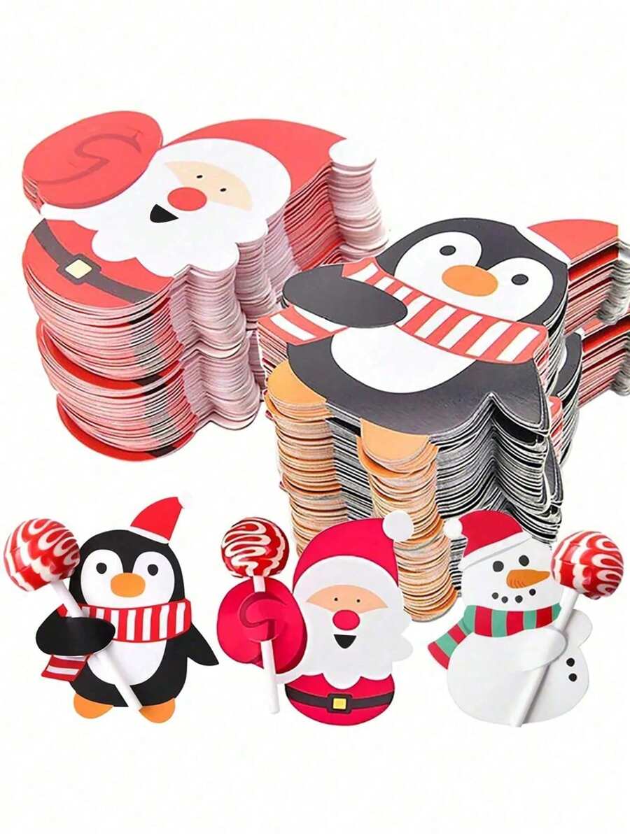 50pcs Christmas Lollipop Holders - Cartoon Cute Santa Claus, Snowman And Penguin Design, Diy Decorative Paper Cards For Xmas Party Favors,Christmas Valentine Day