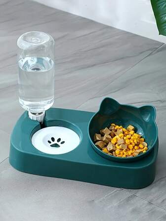 1 套绿色猫食和水碗，带自动饮水器、防溢和颈部保护、多功能可调节宠物喂食器和饮水器二合一猫用品