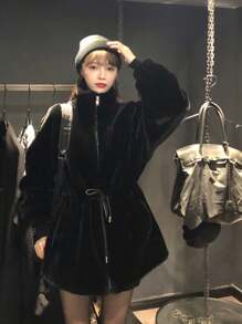 2025 秋冬新款女款水貂毛绒仿皮草外套，立领短款收腰羊毛保暖夹克 - 黑色 - 查看 7