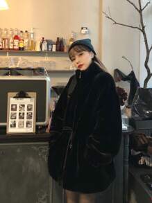 2025 秋冬新款女款水貂毛绒仿皮草外套，立领短款收腰羊毛保暖夹克 - 黑色 - 查看 1