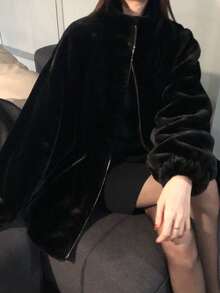 2025 秋冬新款女款水貂毛绒仿皮草外套，立领短款收腰羊毛保暖夹克 - 黑色 - 查看 3