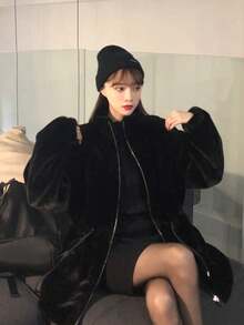 2025 秋冬新款女款水貂毛绒仿皮草外套，立领短款收腰羊毛保暖夹克 - 黑色 - 查看 2