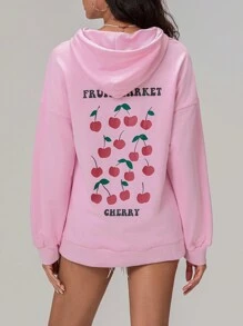 Women's Loose Hoodies Letter Cherry Print Hooded Long Sleeve Sweatshirts Pullovers Fall Winter Casual Tops - 粉色 - 查看 6