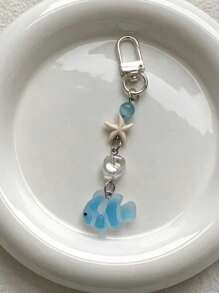 1 pieza Lindo y creativo llavero con cuentas de pez y estrella de mar, correa para teléfono móvil, colgante de bolso, adecuado para uso diario y como regalo