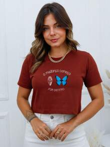 Women's Cropped Top Change Starts From Within - B02 - Marrom Café - 查看 1