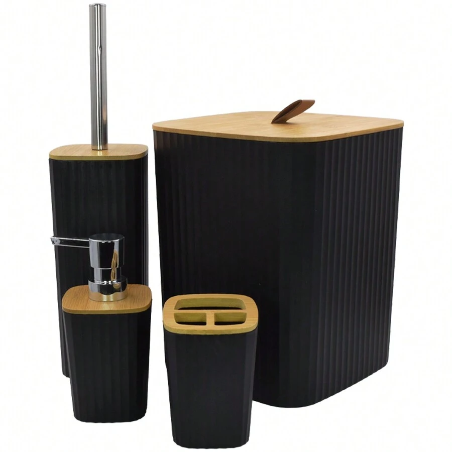 4-Piece Bathroom Lavatory Kit With Bamboo, Trash Can, Toilet Brush, Toothbrush Holder And Liquid Soap - 黑色 - 查看 1