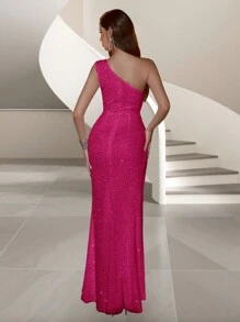 ADYCE Women's Sequin Embellished One Shoulder High Slit Dress, Suitable For Gala Party - Hot Pink - View 2