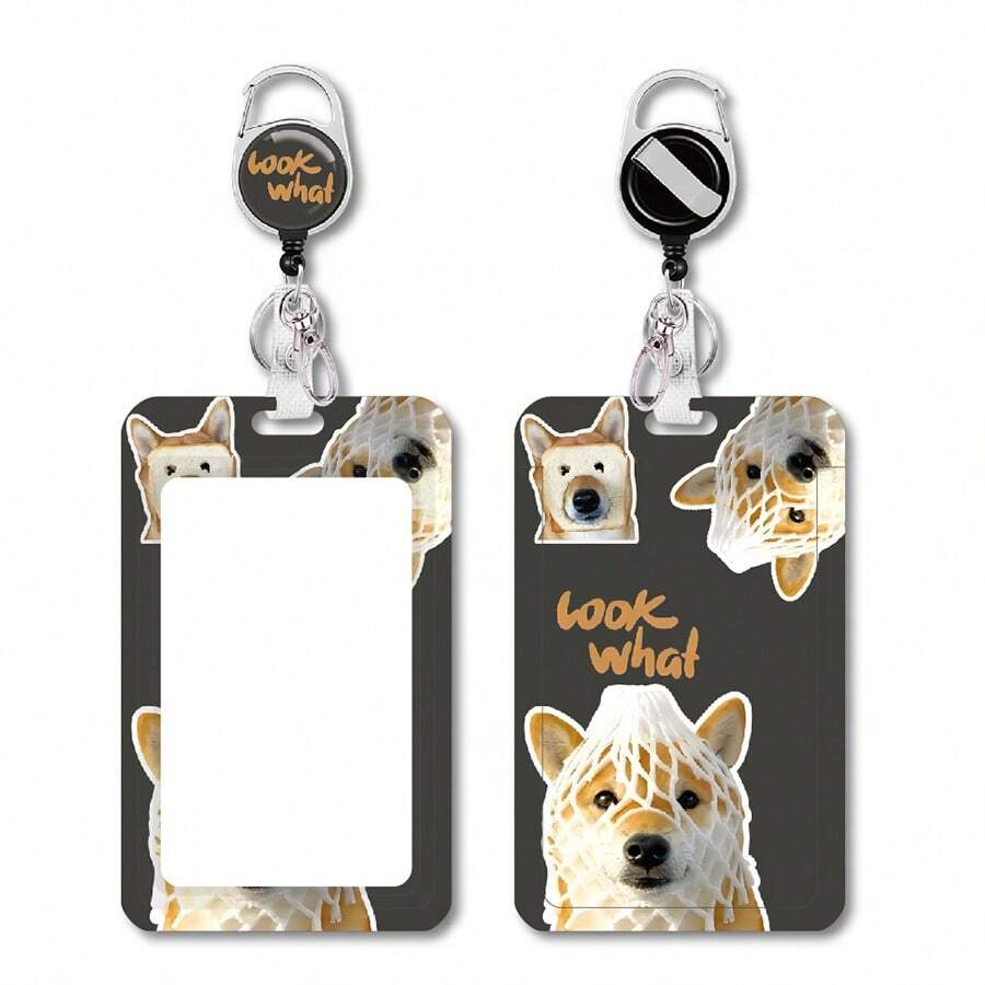 可爱小狗卡夹带透明弹簧钥匙扣，塑料材质，英文文字，适合通勤者和宠物爱好者 - 黑色 - 查看 1