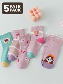 5 双儿童袜子，适合秋冬季幼儿/女孩中筒袜，柔软、透气、吸水、可爱公主风格 - 彩色 - 查看 3