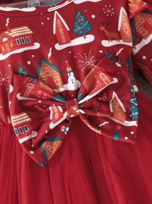 Baby Girls' Sweet & Adorable Princess Style Christmas Tree Print Long Sleeve Dress With Mesh Skirt, Autumn