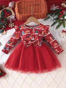 Baby Girls' Sweet & Adorable Princess Style Christmas Tree Print Long Sleeve Dress With Mesh Skirt, Autumn