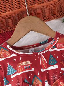 Baby Girls' Sweet & Adorable Princess Style Christmas Tree Print Long Sleeve Dress With Mesh Skirt, Autumn