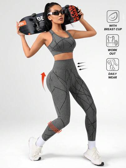 Women's Printed Yoga Stretch Racerback Tank Top And Leggings 2pcs Set, Sports