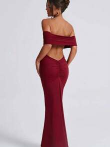 Long Dress Open Back Suplex Fabric Basic Casual Chi Christmas And New Parties Modern Fashion Blogger Unmissable Promotion Women Elegant Stunning Day Day Hot Days Summer Winter - 酒紅色 - 查看 3