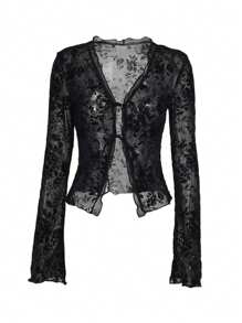 1 pieza Blusa con mangas abullonadas, frente con lazo y volantes, estampado floral en malla para mujer de otoño