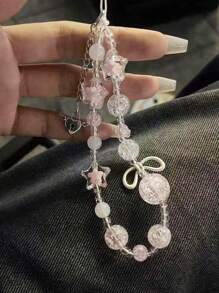 1pc Pink Glass Shredded Cigarette Beads Handmade Beaded Mobile Phone Charm Mobile Phone Lanyard Key Ring Silver Bow Exclusive Romantic Fashion Items Specially Designed For Women - Multicolor - View 3