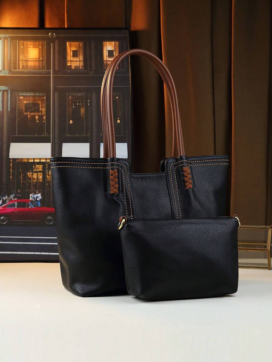 大容量女士手提包欧美时尚单肩包办公室通勤包复古风 - 黑色 - 查看 1