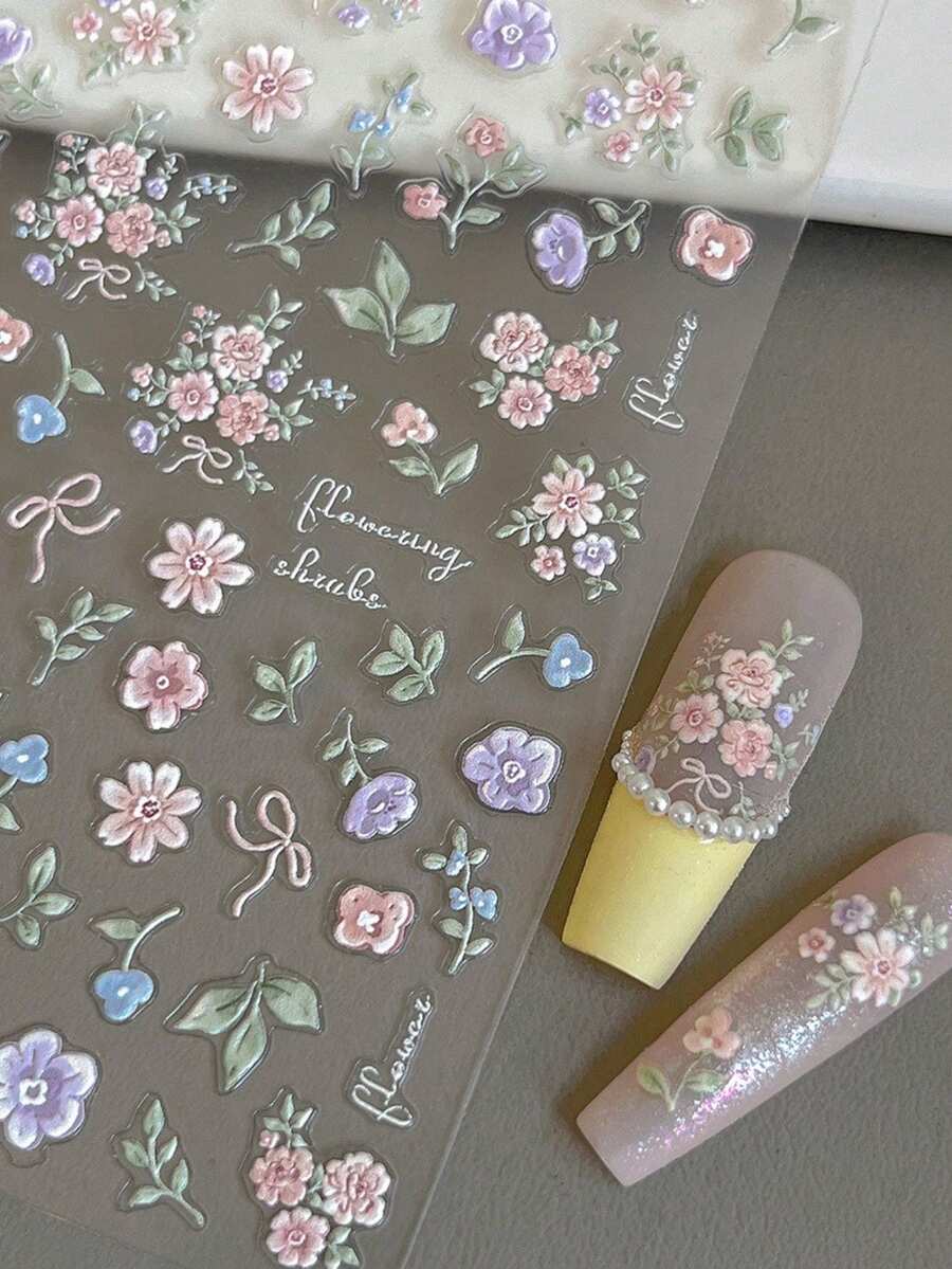 1 秋冬款浮雕花朵指甲贴纸 蝴蝶结花朵花朵 色彩鲜艳精致小清新 自带粘性指甲装饰DIY 自带胶水 适用于手指甲脚趾甲装饰贴纸 - 彩色 - 查看 1