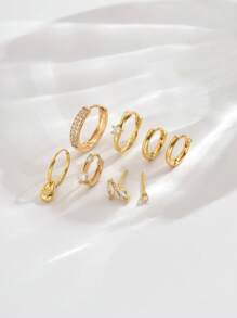 1 Set Of 8pcs Sophisticated Sparkling Zirconia Single-Sided Stud Earring Set, Suitable For Parties, Festivals, Dates Or Weddings - Yellow Gold - View 2