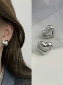 1 Pair Of Exquisite Simple Heart Shape Design Women's Earrings Suitable For Gifts Daily Jewelry Accessories Earrings Valentines,Mom,Mother,Mother's Day,Gift - Silver - View 2
