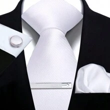 Set de corbata, pañuelo de bolsillo, gemelos y corbatín para hombre, corbatas de poliéster de rayas sólidas para todas las estaciones, fiestas y celebraciones, casual