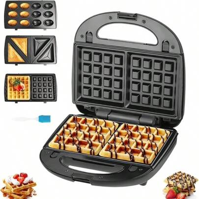Máquina 3 en 1 para Desayuno, Wafflera, Sandwichería y Galletas de Nuez,Placas Intercambiables Antiadherentes, Acero Inoxidable, Compacta y Fácil de Limpiar