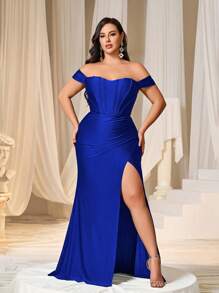 Faeriesty Curve Plus Elegant Off Shoulder Bodice Contrast Ruched Wrap Hem Formal Evening Party Dress