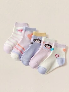 12 双儿童袜子，彩色卡通动物、蝴蝶、独角兽、女孩、糖果、花朵、字母、彩虹条纹图案，舒适、透气、柔软中筒袜，适合儿童日常生活，节日礼物，颜色和款式随机 - 彩色 - 查看 2