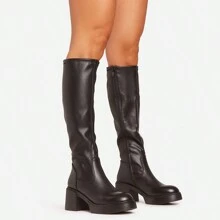 Ego Caesar Chunky Block Heel Knee High Long Boot In Black Faux Leather - Black - View 1