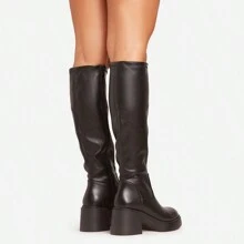 Ego Caesar Chunky Block Heel Knee High Long Boot In Black Faux Leather - Black - View 4
