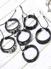 6pcs/Set Dark Punk Style Star & Skull PU Leather Stacking Bracelets Suit For Men Daily Wear - Black - View 5