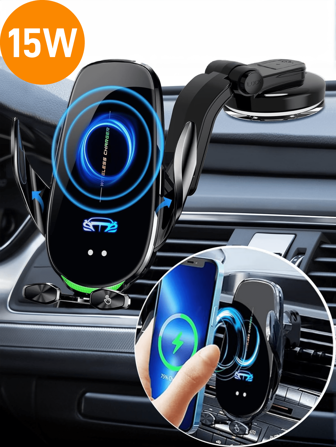 YITUMU Chargeur de voiture sans fil, support de chargement rapide à serrage automatique 15W, support de téléphone de voiture à double commande intelligente à induction, avec chargeur de voiture à allume-cigare en option, convient aux téléphones Android et Apple avec fonction de charge sans fil, accessoire automobile