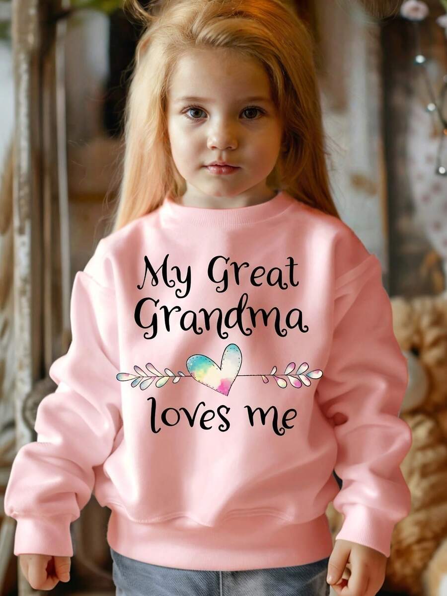 Áo nỉ dài tay cổ tròn lót nhiệt in họa tiết 'My Great Grandma Loves Me' dành cho bé gái mùa thu/đông - Hồng - Xem 1