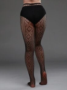 1 件大码弹力竖条纹网眼打底裤，万圣节服装紧身裤，女式性感透明网眼黑色长筒袜 - 黑色 - 查看 6