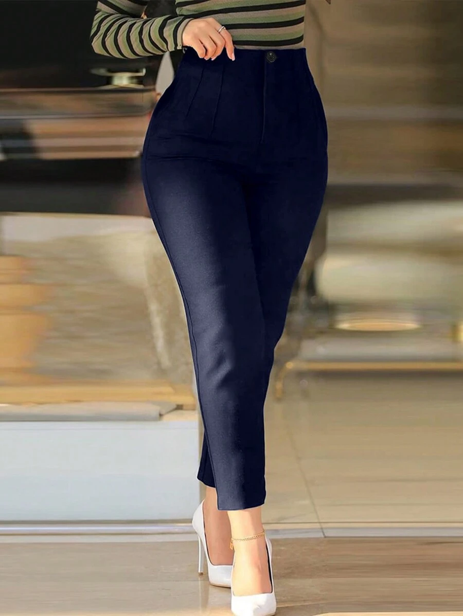 Women's Solid Color Slim Fit Casual/Work Pants - Navy Blue - View 1